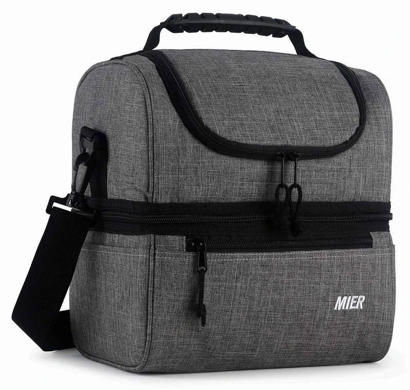 MIER Insulated Lunch Box Insulated Cool Tote Bag Lunch Kit for Men, Women, Double Deck Cooler (Grey, L)