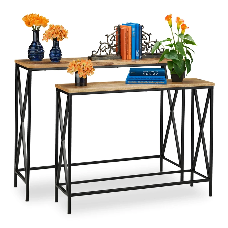 Relaxdays Mango Wood Console Table, Set of 2, Industrial Design, Hallway & Living Room, Metal Entrance Table, Natural/Black