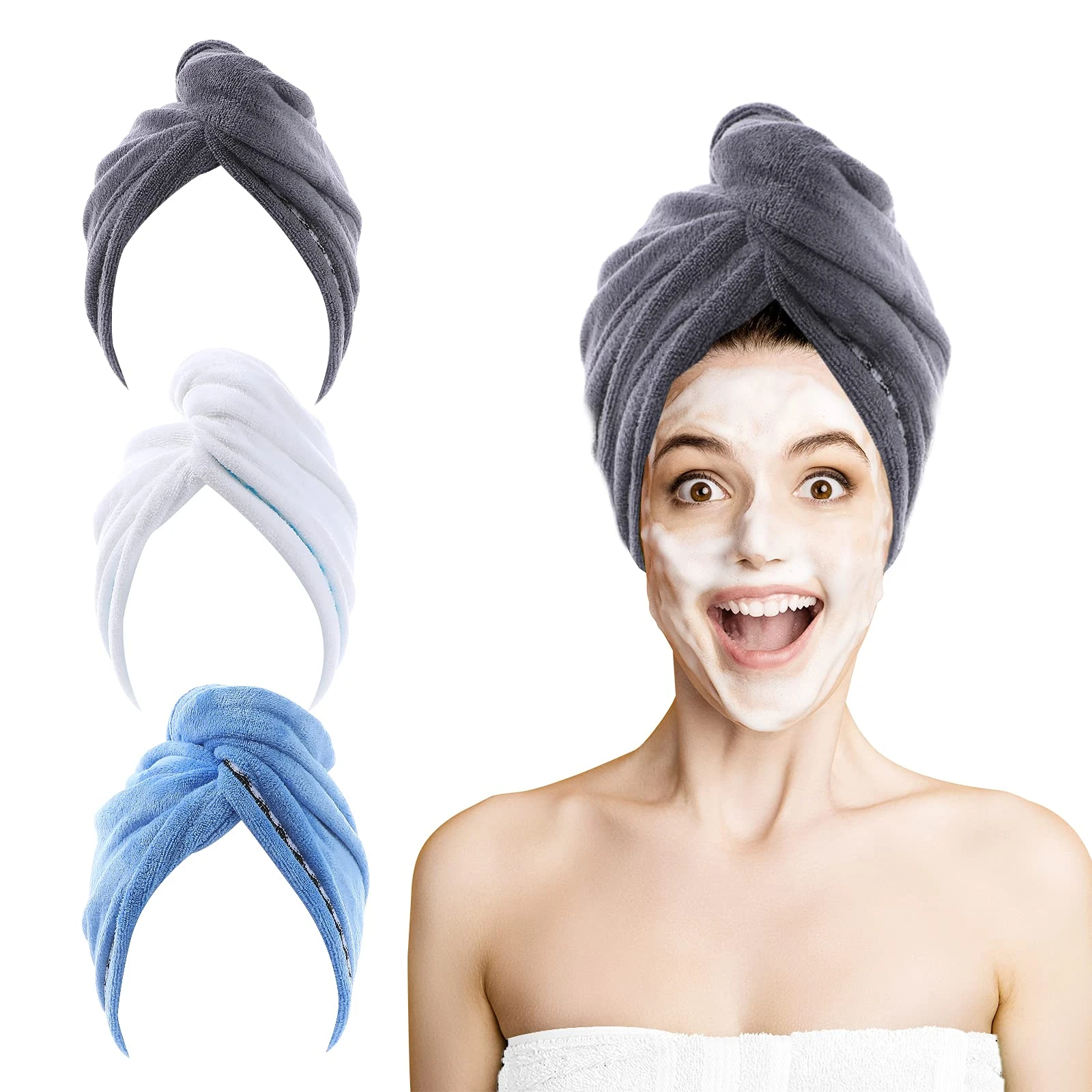 ROSSHINE Microfibre Hair Towel Wrap, 3 Pack Hair Towel Turban 65x25 cm, Ultra Absorbent Hair Wrap Towel, Anti Frizz Quick Dry Head Towel for Women, Girls, Curly, Wet, Long, Short, Thick Hair