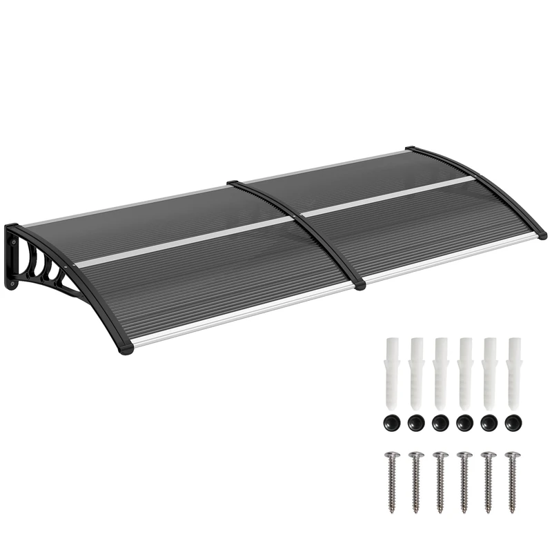 Outsunny Front Door Canopy Outdoor Awning Aluminium Rigid Plastic Polycarbonate Rain Shelter UV Water Rain Resistant 196 x 75cm Black