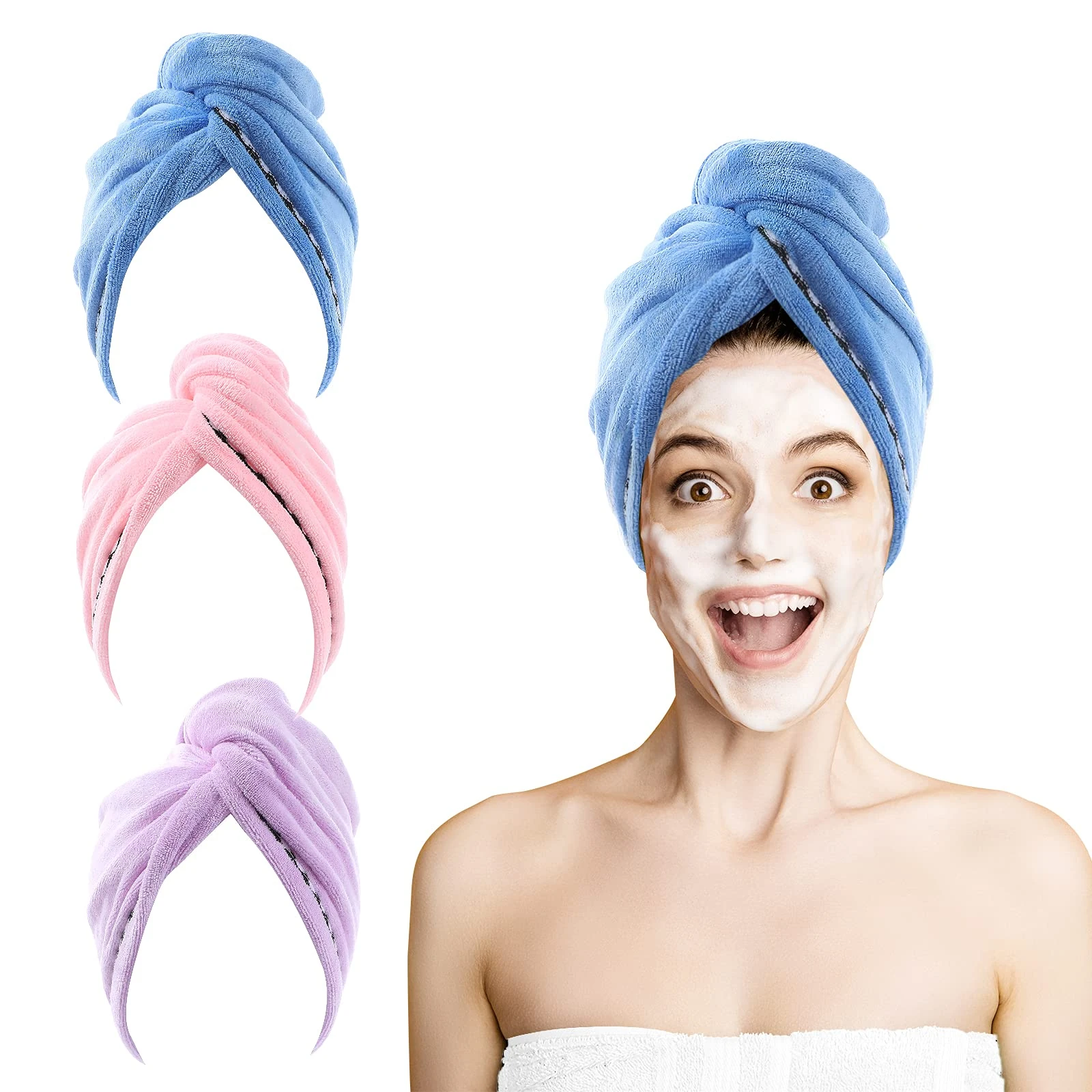 ROSSHINE Microfiber Hair Towel, 3 Pack Hair Turban Towels 65x25 cm Hat Cap, Anti Frizz Absorbent Ultra Soft Quick Dry Hair Towel, Bath Cap for Curly Long Hair