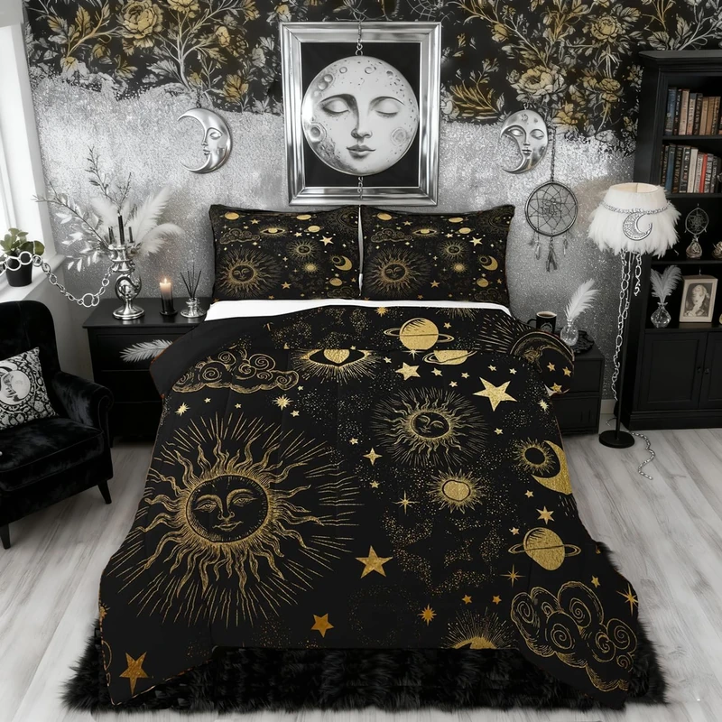 Star Moon Bedding Set Queen Size, Starry Sky Series Comforter Set Kids Child, Cosmic Planets Sun Face Pattern Duvet Insert Boys Girls, Trippy Hippie Quilted Duvet, Soft Living Bedroom Decoration