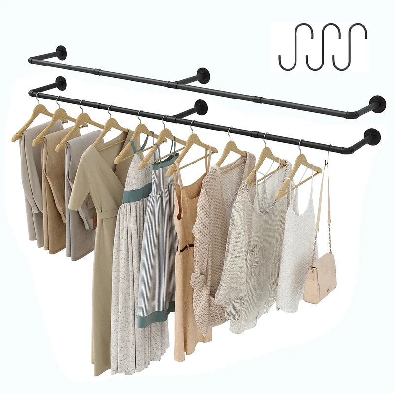 Crehomfy Industrial Pipe Clothes Rack with 3 S-shaped Hooks, 72’'L Wall Mounted Garment Rack, Heavy Duty Iron Garment Bar, Clothes Hanging Rod Bar for Laundry Room, Max Load 135Lb Black (2 Package)
