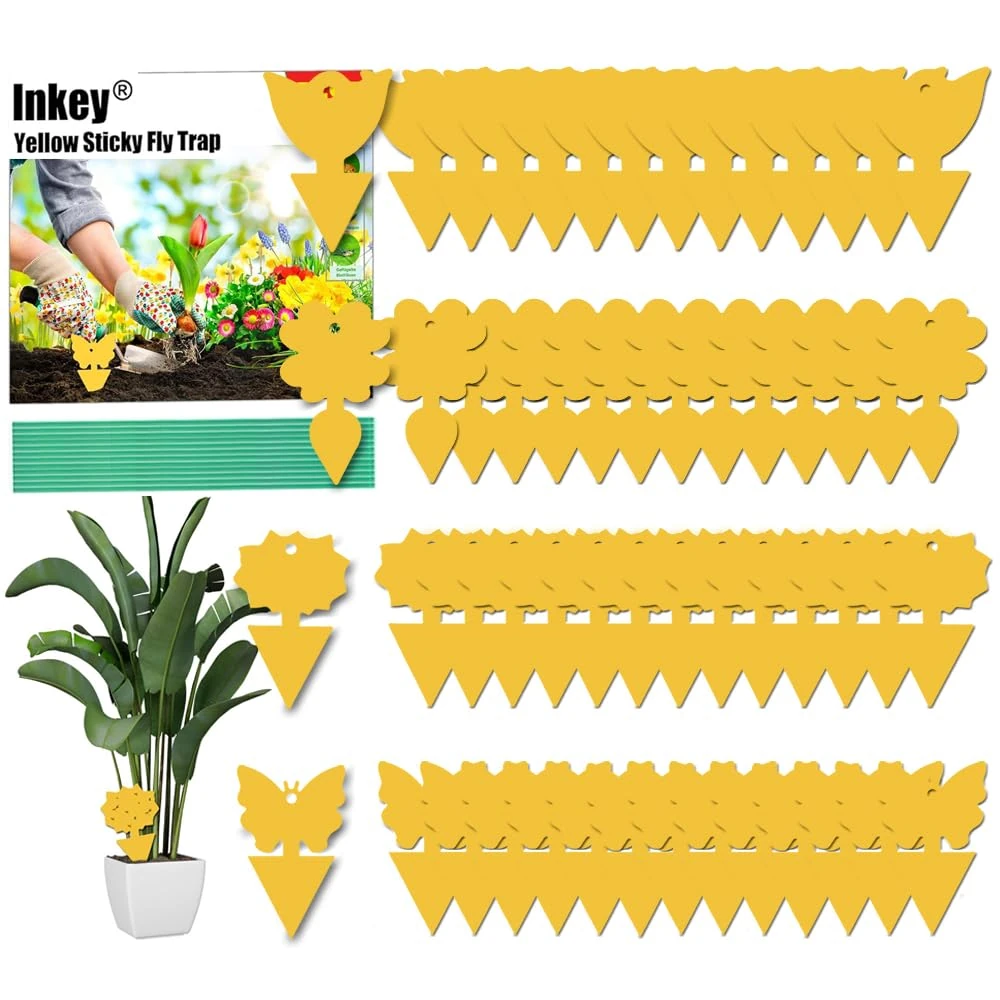 lnkey 56 Pack Yellow Sticky Fly Traps Fungus gnat trap killer Dual-Sided Yellow Fruit Fly Trap Insect Catcher for Houseplant indoor and outdoor plants