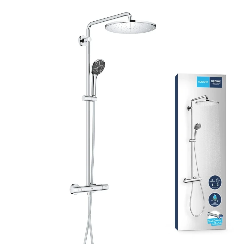 GROHE Vitalio Joy XXL 310 – Wall Mounted Cool Touch Thermostatic Mixer (31 cm Head Shower, Swivel Arm, 11 cm 3 Spray Hand Shower with Easy Clean Nozzles), Water Saving, Chrome, 26400001