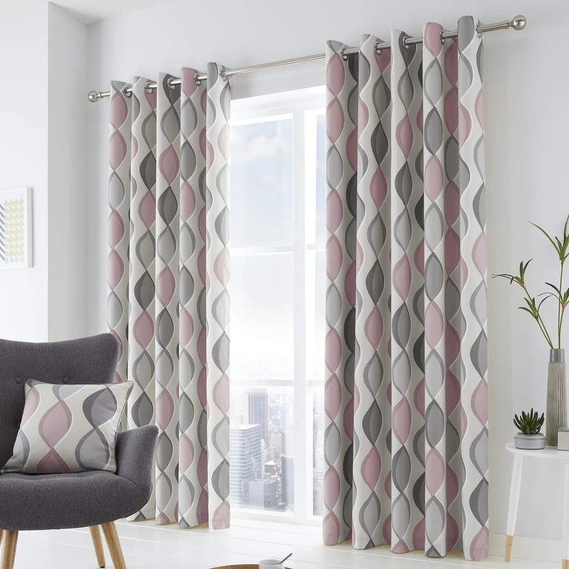 Fusion Lennox 100% Cotton Eyelet Curtains - Grey/Blush 229x229cm - Image 1