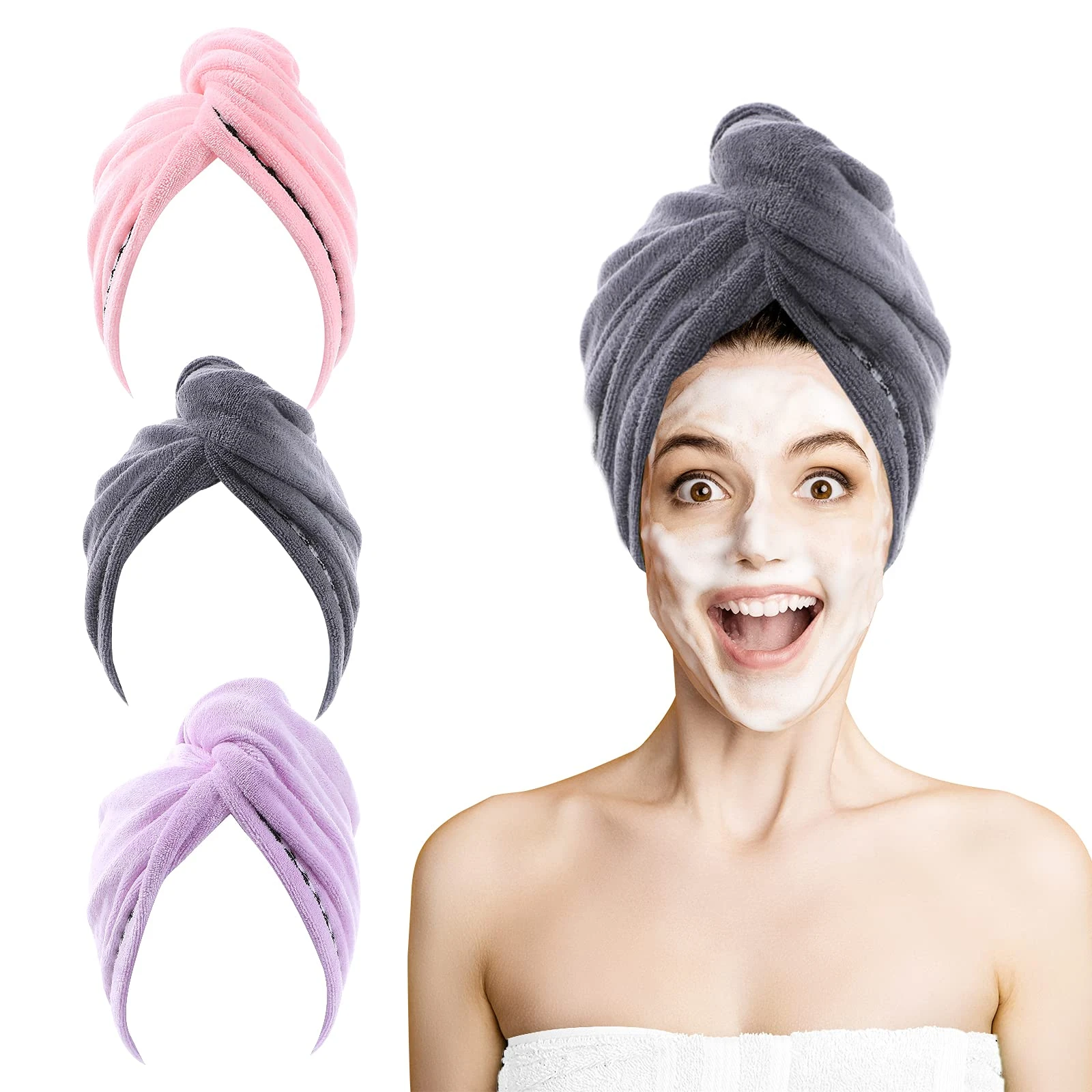 ROSSHINE Microfibre Hair Towel Turbans - Pack of 3, 65x25 cm, Ultra Absorbent, Anti Frizz, Quick Dry Head Towel Wraps for Women & Girls, Curly, Wet, Long, Short, Thick Hair