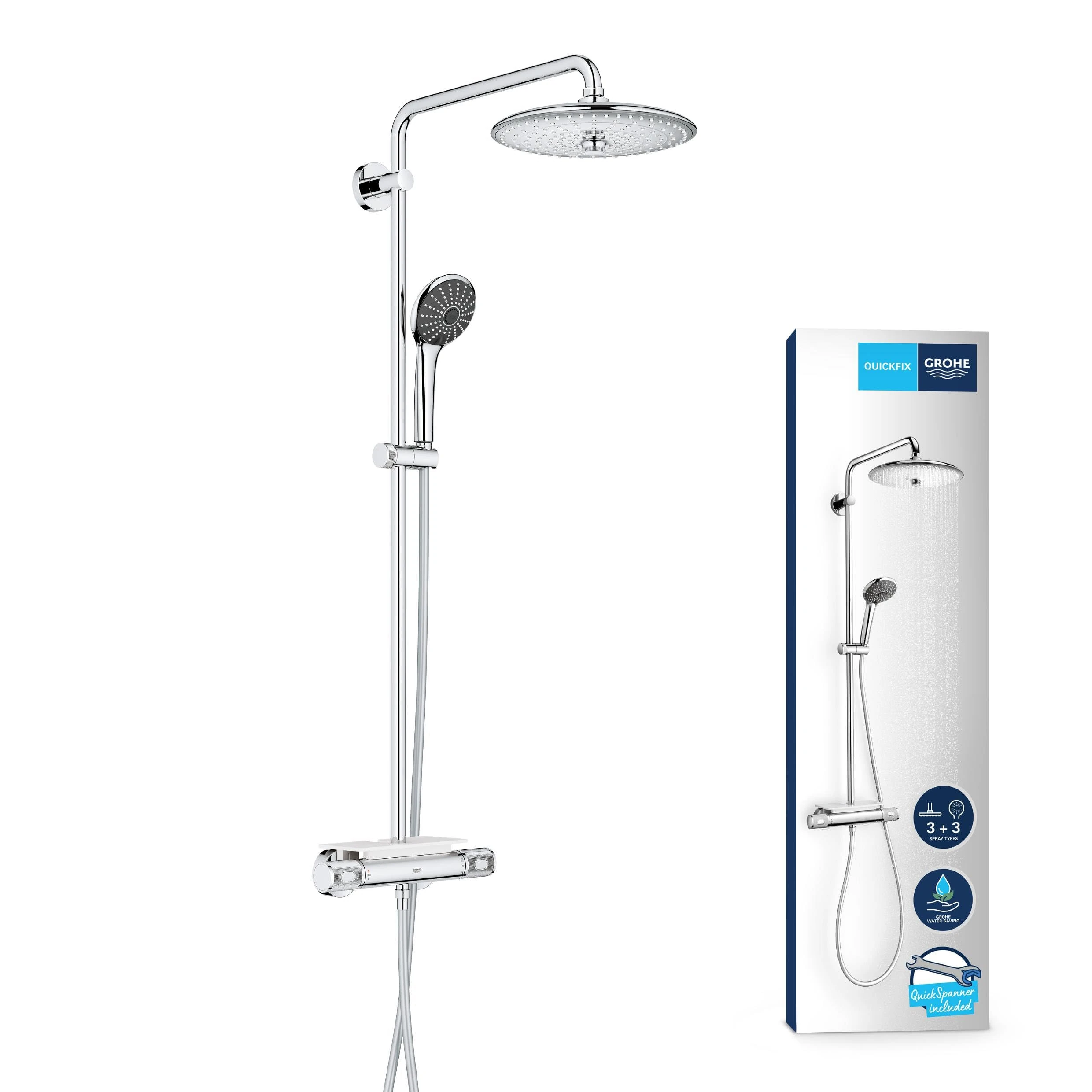 GROHE Vitalio Joy 260 - Cool Touch Thermostatic Mixer (26 cm Shower Head with 3 Spray, Toiletries Tray, 11 cm Hand Shower 3 Spray with Easy Clean Nozzles, 1750 mm Twist-Free Hose), Chrome, 26403002