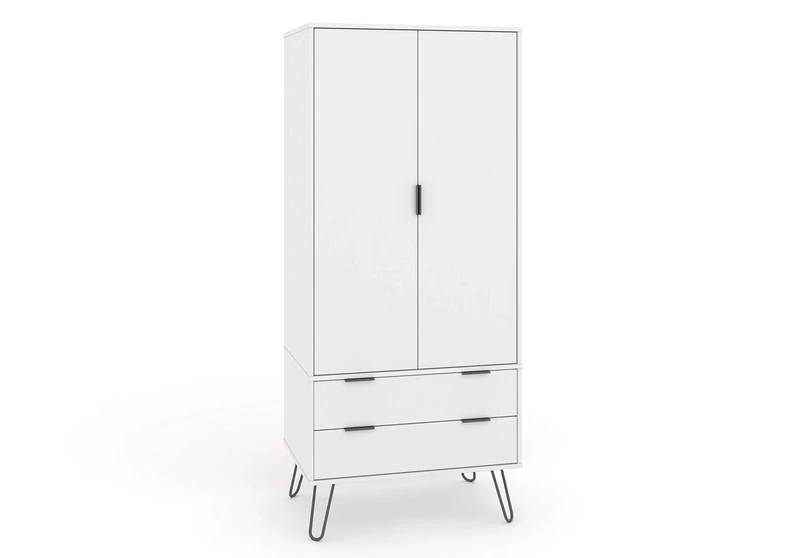 Home Source 2 Door Wardrobe Cupboard, Industrial Storage Cabinet, White Finish, 2 Drawer