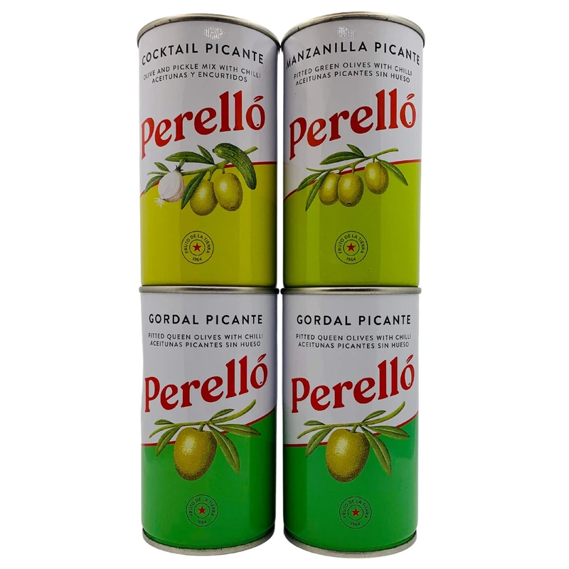 Perello Olives Variety Pack 4 x 350g Gross (150g Net) Spanish Gordal Picante Green Olives, Manzanilla Picante Olives and Cocktail Picante Olives. Securely Boxed
