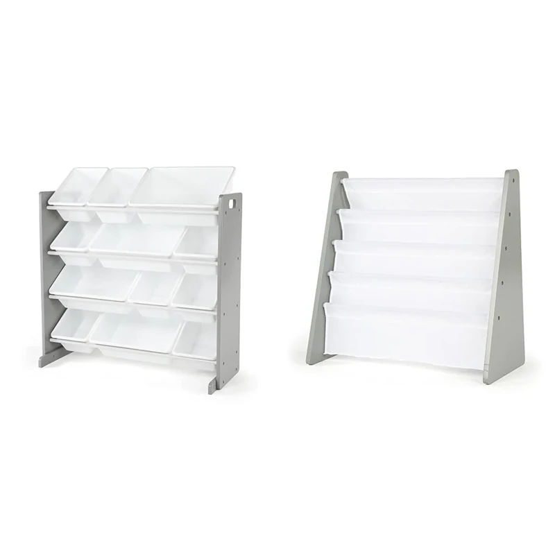 Humble Crew Inspire Wooden Bookshelf and Toy Storage Organiser Furniture Set for Children, 4 Tier Book Storage, Toy Storage Organiser with 12 Storage Bins - Natural Wood/White