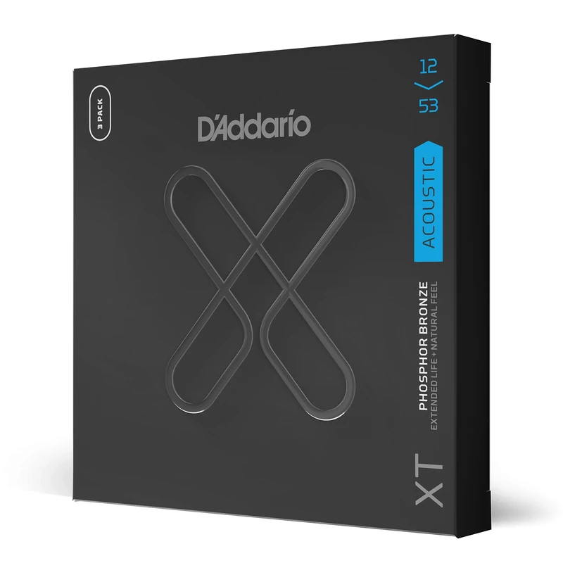 D'Addario Acoustic Guitar Strings, XT Phosphor Bronze Coated, XTAPB1253-3P, Light Gauge 12-53, 6-String Set, Pack of 3