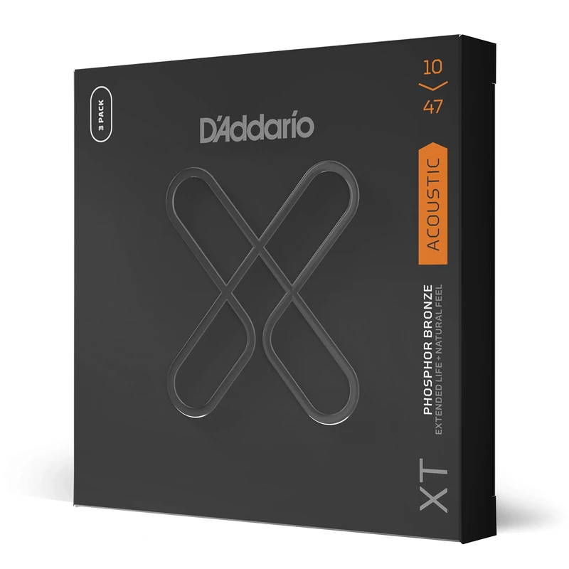 D'Addario Acoustic Guitar Strings, XT Phosphor Bronze Coated, XTAPB1047-3P, Extra Light Gauge 10-47, 6-String Set, Pack of 3