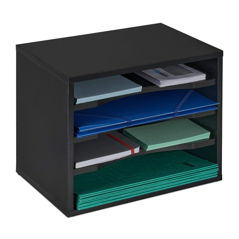 Relaxdays Document Tray, 4 Compartments, Desk Organiser H x W x D 28 x 35.5 x 25 cm, Black