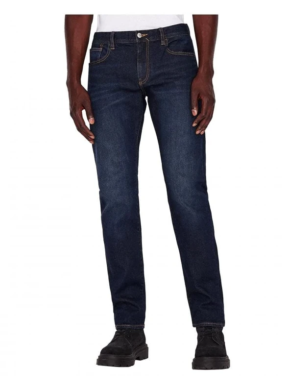 Armani Exchange Men's 5 Pocket Straight Denim Jeans, Dark wash, Tobacco Stitching, Stretch Cotton, W30
