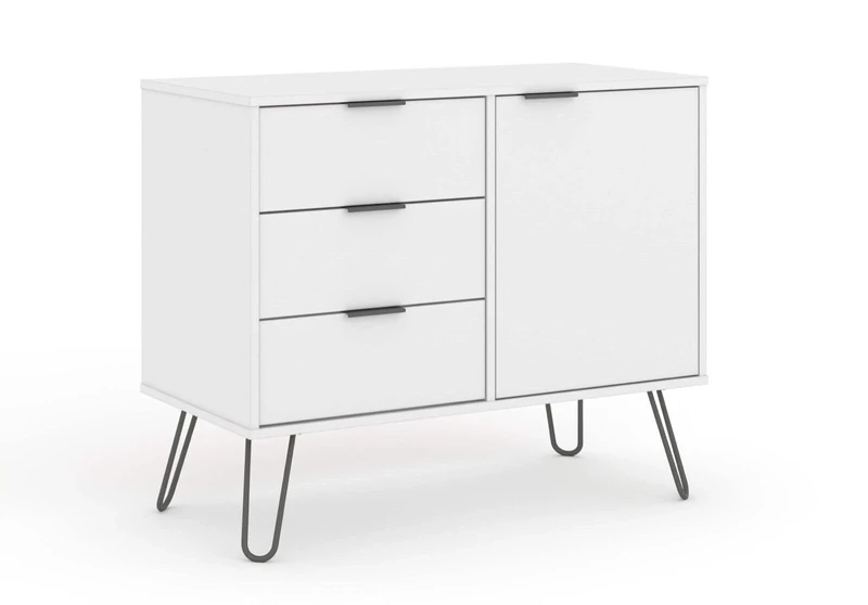 Home Source White Sideboard Cupboard, Home Living Room Storage Cabinet, 1 Door, 3 Drawers