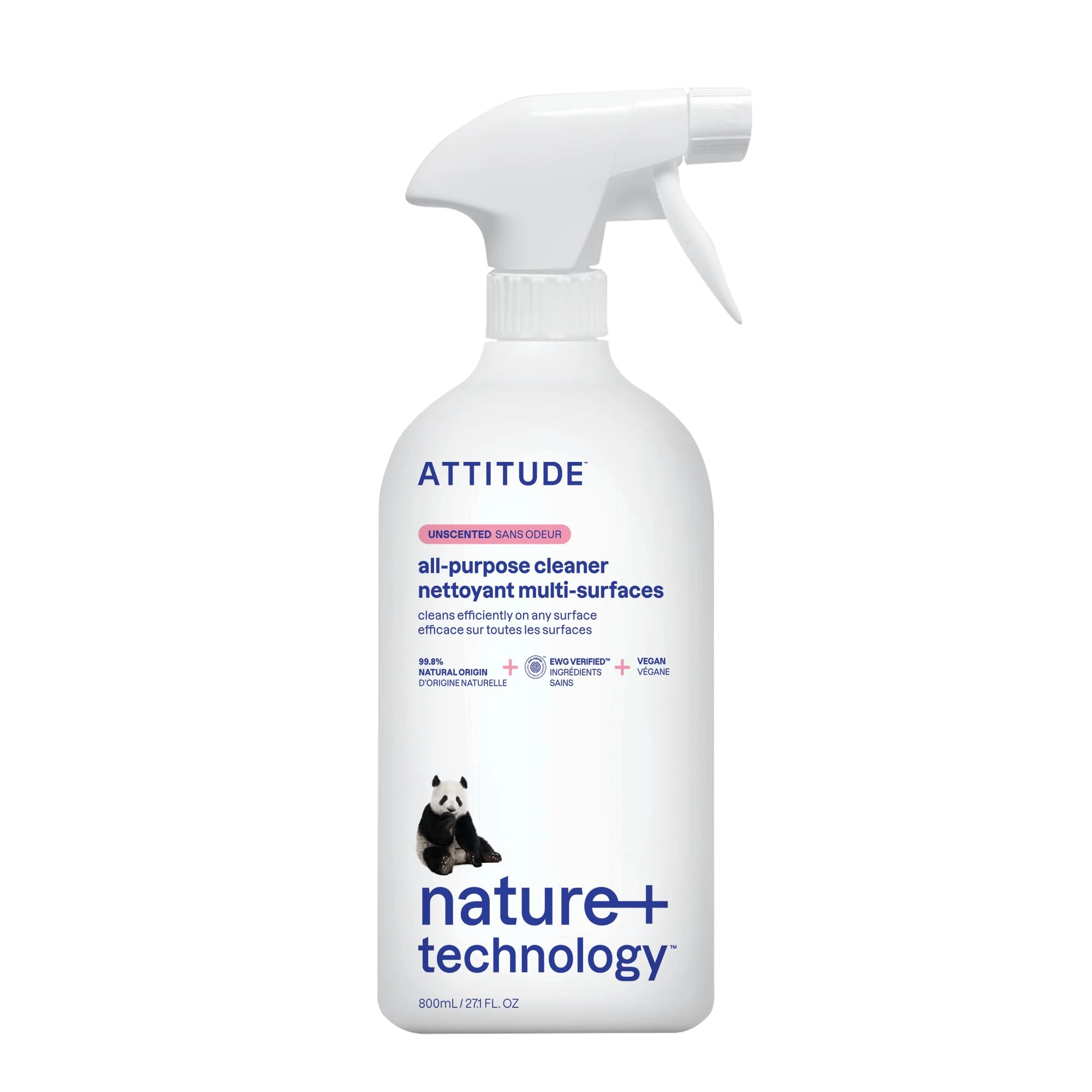 ATTITUDE All Purpose Cleaner Spray, EWG Verified, Vegan, Made with 94% Plant-Based Ingredients, Streak-Free for Kitchen, Bathroom, Glass & More, Unscented, 800 mL