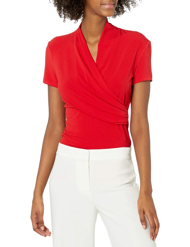 DKNY Women's Short Sleeve Cross Front Suit Blouse Shirt, Poppy, M - Image 1