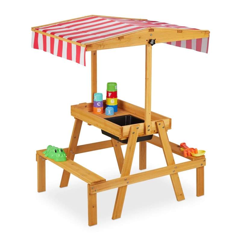 Relaxdays Children's Furniture Set, Bench with Play Table, Sunshade, Outdoor, Mud Kitchen, HWD: 110 x 65 x 83cm, Natural