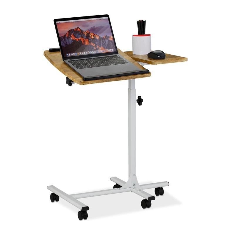 Relaxdays Laptop Table Height Adjustable, Rollable, Tilting Desk Top, Mouse Tray, HWD: 68-88 x 61 x 40 cm, Brown/White
