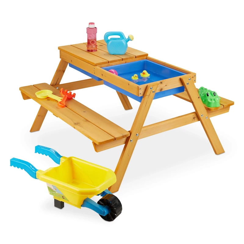 Relaxdays Children's Furniture Set, Garden Picnic Table with Plastic Tubs for Muddling, HWD: 49 x 90 x 85cm, Wood, Brown