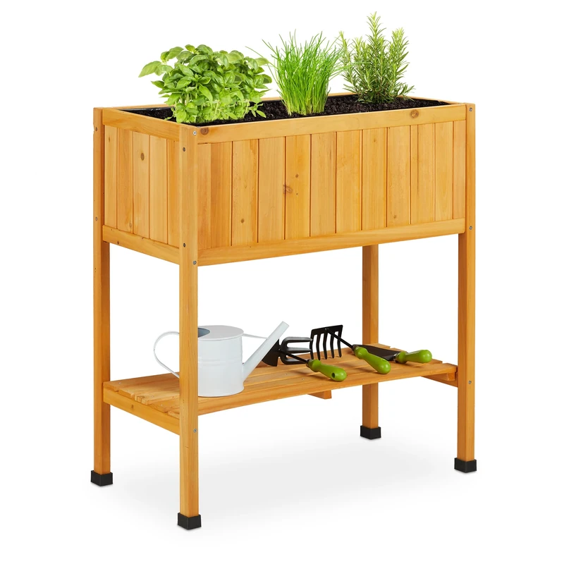 Relaxdays Raised Wooden Planter, Flower Bed on Legs, HWD 80.5 x 74 x 38 cm, with Liner, Balcony & Patio, Garden, Orange