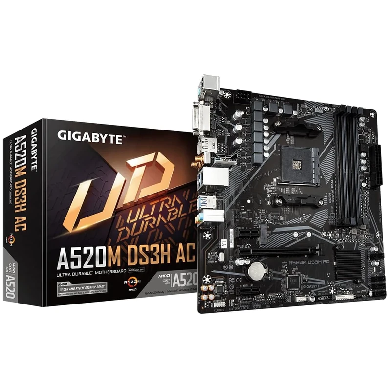 Gigabyte A520M DS3H AC Motherboard - AMD Ryzen 5000 Series CPUs, 5+3 Phases VRM, up to 4733MHz DDR5 (OC), 1xPCIe 3.0 M.2, GbE LAN, WIFI 5, USB 3.2 Gen 1