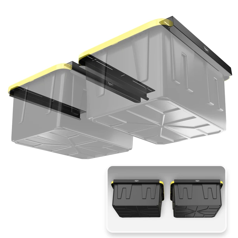 Koova Overhead Garage Storage Racks for Utility Bins, Frame Rails with Hardware, Heavy Duty Steel Ceiling Hangers, Container Organization, DIY Mounting System (Two Bin Racks)