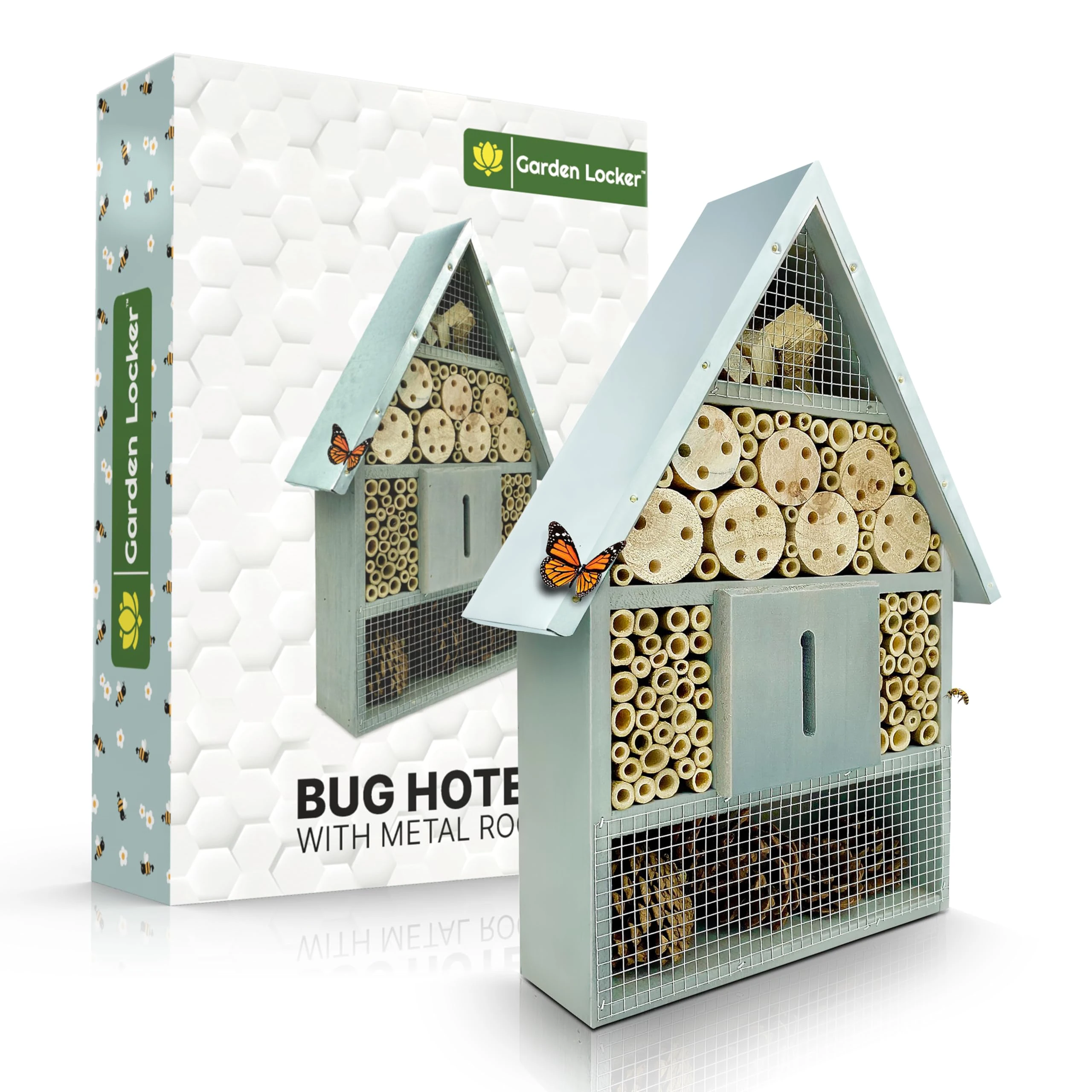 Garden Locker Bug Hotel Bee House Grey Large Wooden Outdoor Insect Larvae Home 40x28x8.5cm Children Friendly Attracts Bees Insects with Gift Box Garden - Great for Him
