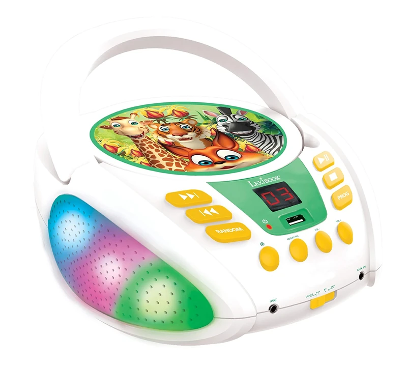 Lexibook, Jungle animals, Bluetooth CD player for kids, Portable, Multicoloured light effects, Microphone jack, Aux-in jack, AC or battery-operated, Girls, Boys, White/green, RCD109ANX