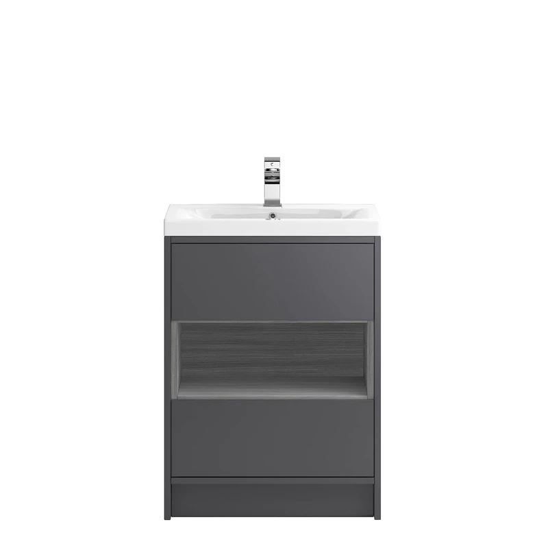 Hudson Reed CST876D Coast Modern Bathroom Floor Standing Vanity Unit with Thin-Edge Ceramic Basin, 2 Drawer 1 Open Shelf Unit, 600mm, Gloss Grey/Anthracite