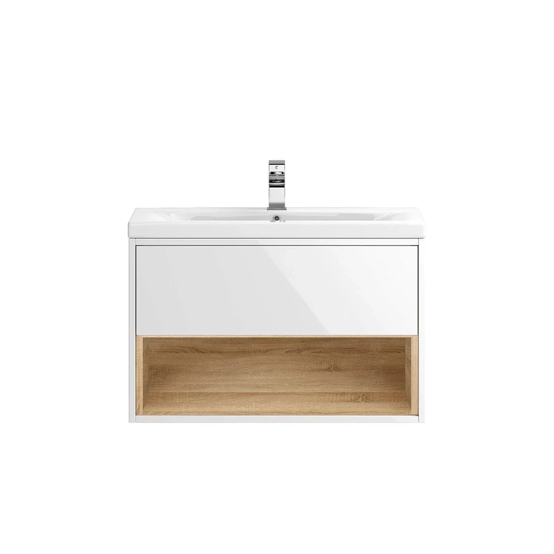Hudson Reed CST988D Coast Modern Bathroom Wall Mount Single Soft Close Drawer Vanity Basin Unit with Open Shelf and Ceramic 50mm Profile Sink, 800mm, Gloss White/Natural Oak