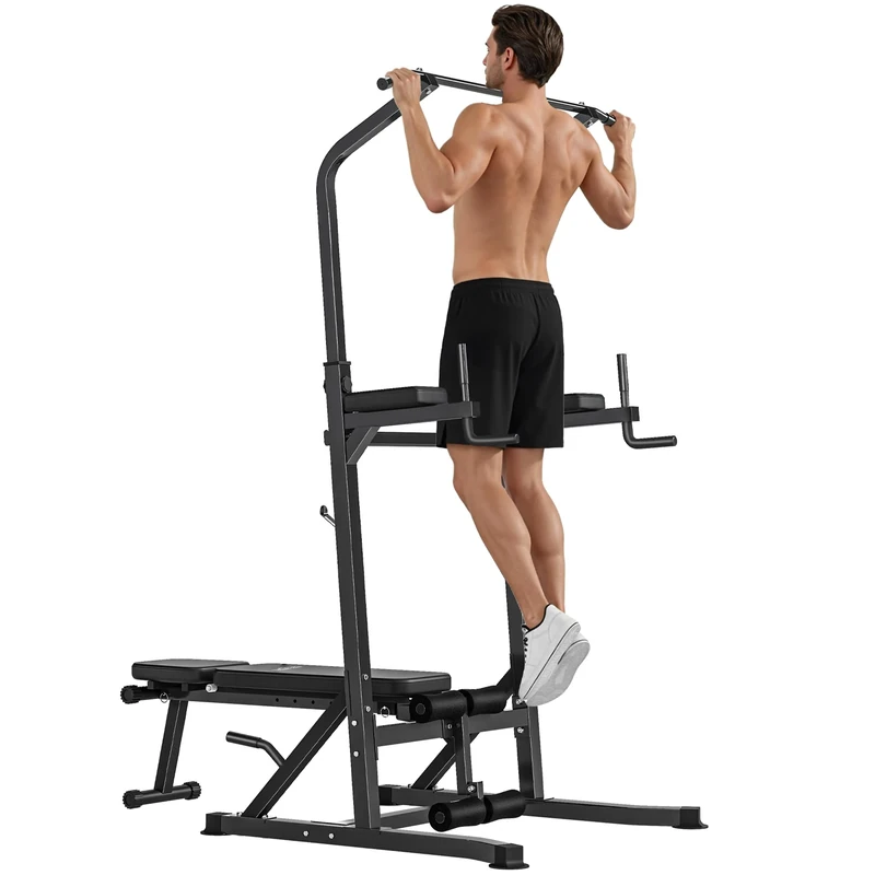 HOMCOM Pull Up Station with Adjustable Weight Bench, Dip Station and Barbell Rack, Multi-Function Power Tower Free Standing Pull Up Bar for Home Gym