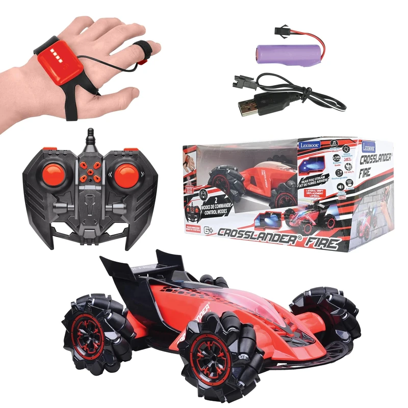 LEXIBOOK, Crosslander® Fire, Remote control car, up to 12km/h, 4 wheel drive, smoke jet, light and sound effects, music, remote control and gesture control bracelet included, rechargeable, RC60