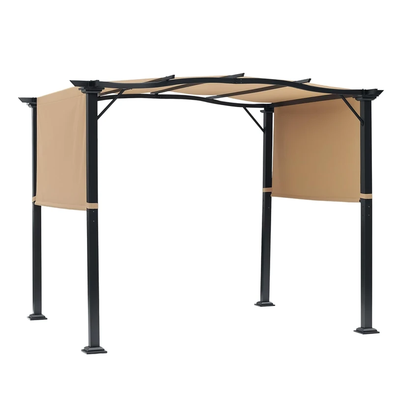 Outsunny Outdoor Pergola Garden Gazebo with Two Adjustable Side Canopy Overhead Sun Shade Backyard Canopy Cover, Steel Khaki 2.96x2.45x2.3m