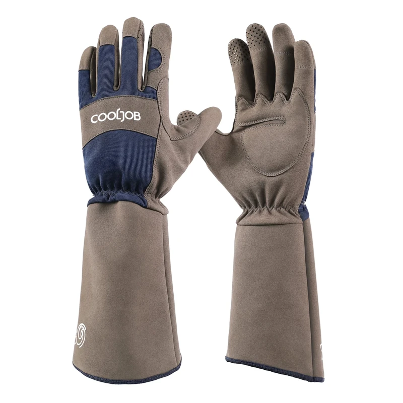 COOLJOB Gardening Gloves for Women and Men, Thorn Resistant Heavy Duty Garden Gloves, Long Sleeve Forearm Protection Ladies, Synthetic Leather Gauntlets for Pruning, Blue & Grey (1 Pair, Size L)