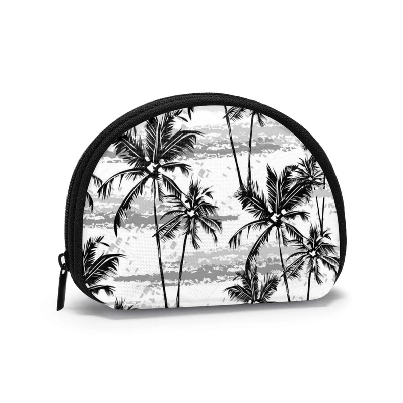 Monochrome Tropical White Palm Trees On Black Placemat Women Girls Shell Cosmetics Makeup Storage Bag Coins Outdoor Shopping Wallet Organizer