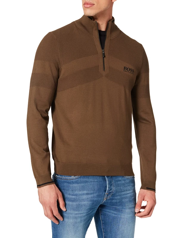 BOSS Mens Zeci Zip-Neck Knitted Sweater with Contrast Accents Green