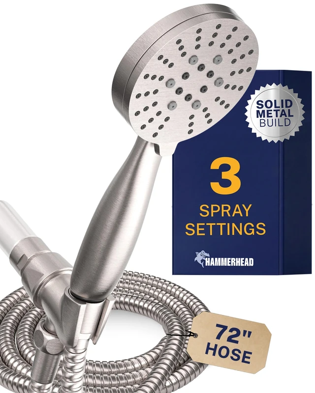 Hammerhead Showers® All Metal 3-Spray Handheld Shower Head with Long Hose and Holder - Brushed Nickel - 2.5 GPM High Pressure Shower Head with Handheld Sprayer - Wide, Massage, and Mist Sprays