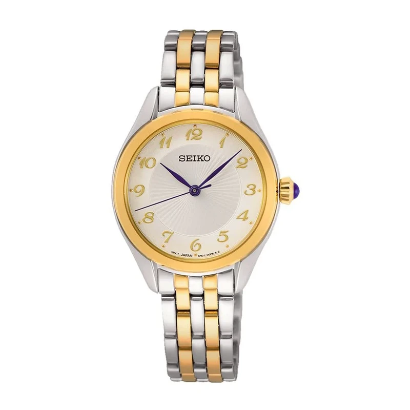 Seiko Women's Quartz Watch Stainless Steel with Leather Strap, Silver-Gold, Quartz