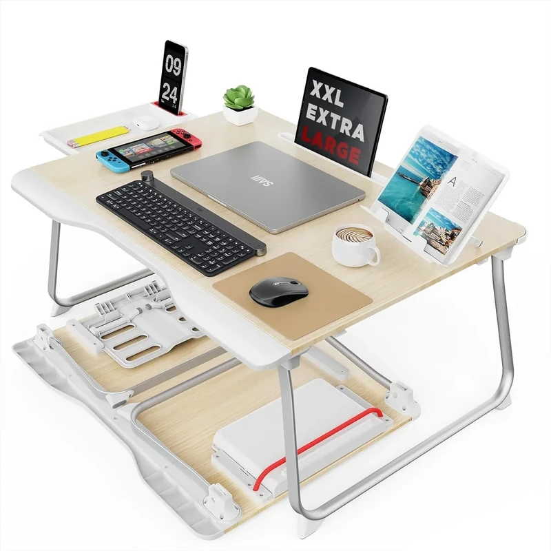 Laptop Desk for Bed, SAIJI XX-Large Foldable Bed Tray Table for Eating Breakfast, Writing, Working, Gaming, Drawing with Storage Drawer, Handrest Bookstand, Tablet Stand, Phone Stand (Teak)