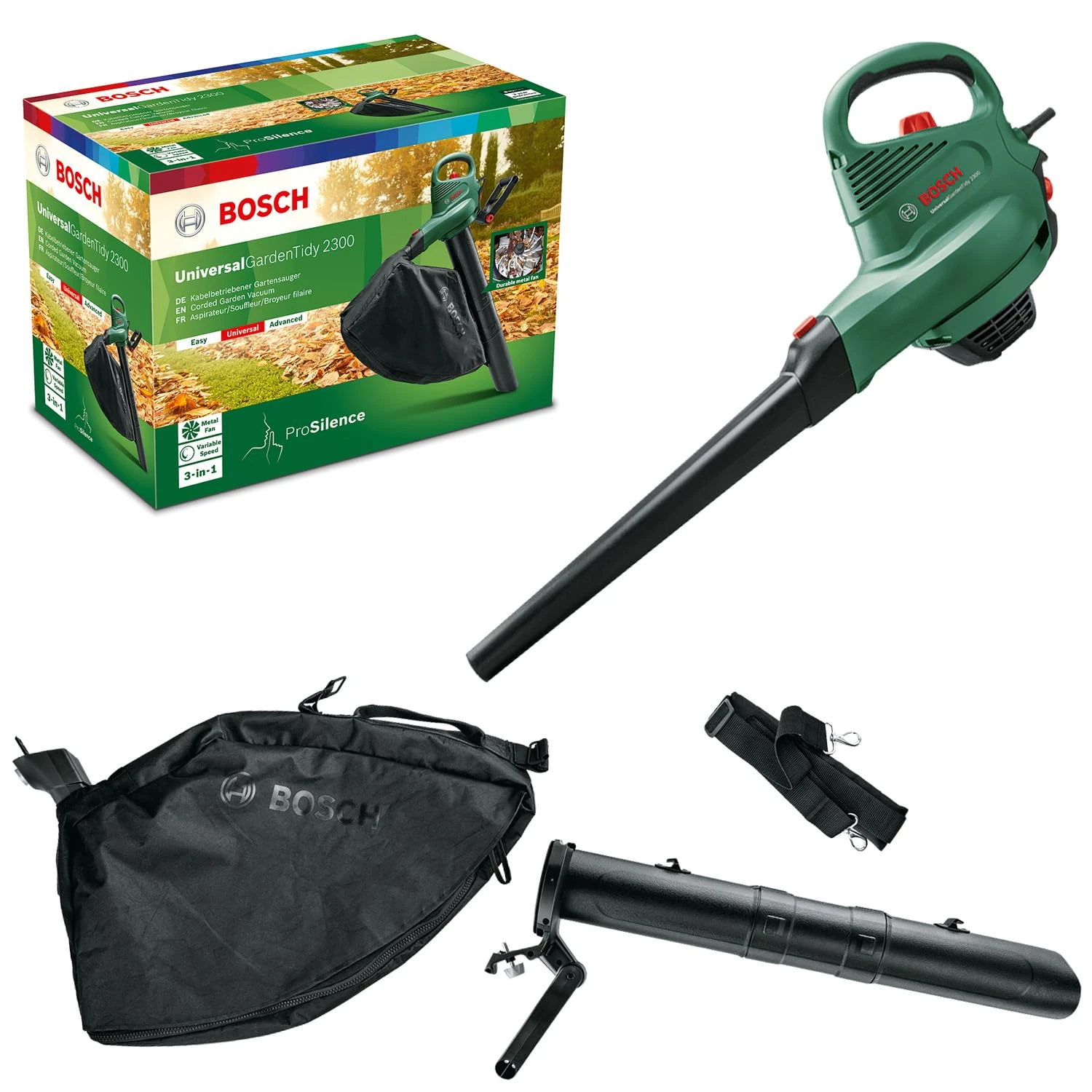 Bosch Electric Leaf Blower and Vacuum Universal Garden Tidy 2300 (2000 W, collection bag 45 l, 3-in-1 function , low noise level of 99 dB (A))