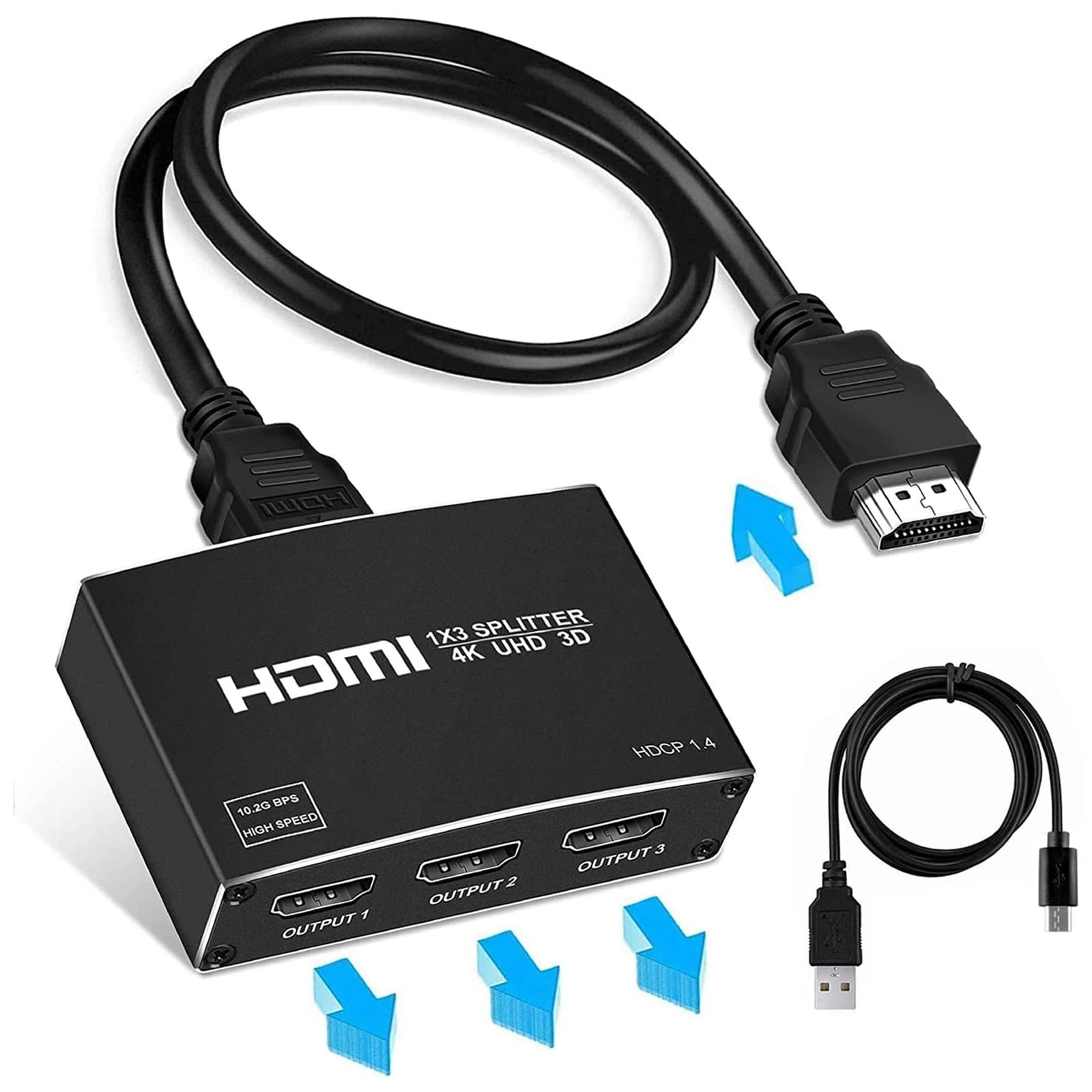 4K HDMI Splitter 1 in 3 Out, Aluminum HDMI Splitter 4K, Duplicate 3 Same Outputs,Not Extend Support 4K, 1080P, 3D, HDR for Xbox, PS5, PS4, PS3, Roku, Blu-Ray Player, Etc (HDMI Cable Included)