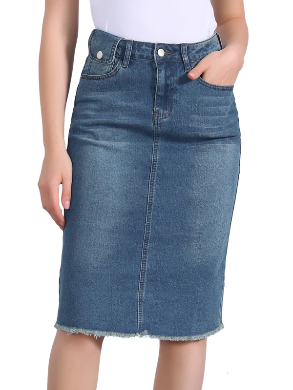 Allegra K Women's Casual Jean Skirt High Waist Back Slit Stretch Denim Skirts, Blue, L