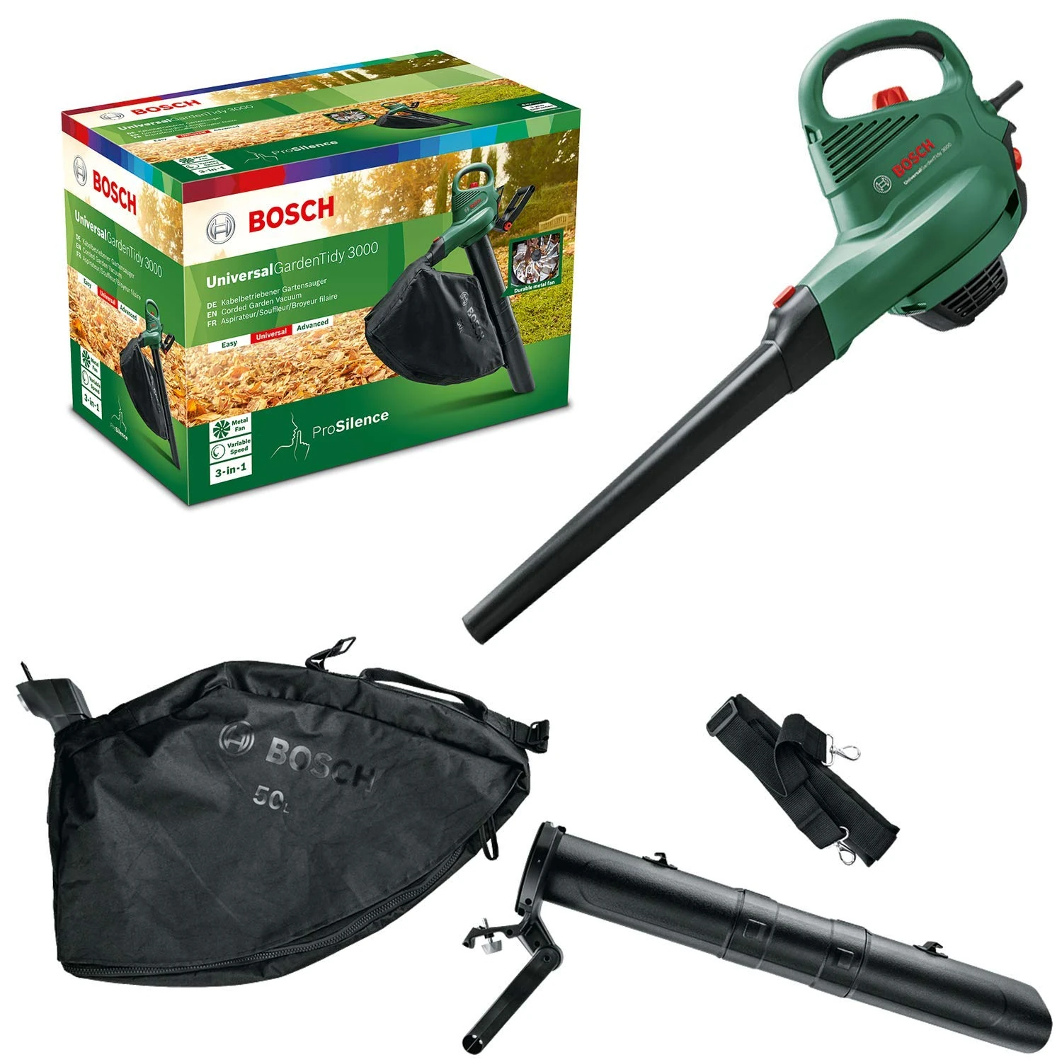 Bosch Electric Leaf Blower and Vacuum UniversalGardenTidy 3000 (3000 W, collection bag 50 l,variable speed,for blowing, vacuuming shredding leaves, Weight: 4.7 kg, in carton packaging)