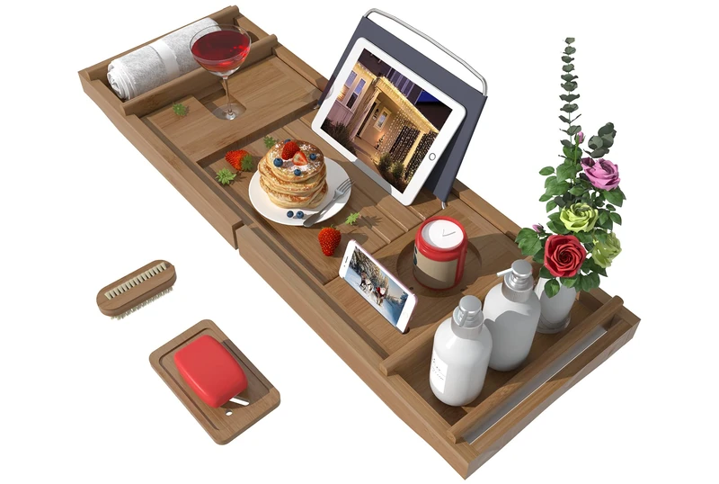 Bath Caddy Tray for Bathtub - Bamboo Adjustable Organizer Tray for Bathroom with Free Soap Dish Suitable for Luxury Spa or Reading(Walnut)