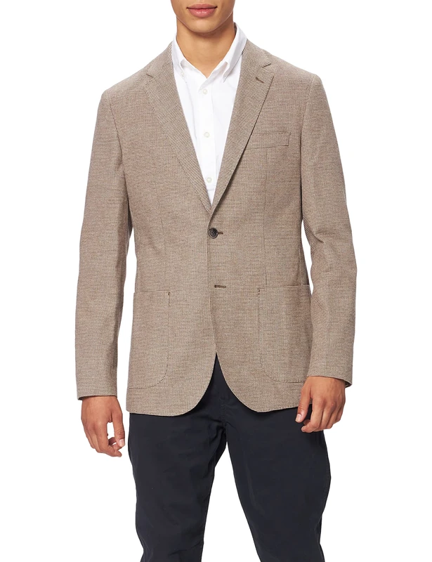 Hackett London Men's Strch FLAN PTOOTH JKT Jacket, 8-LGBrown/Beige, 14R