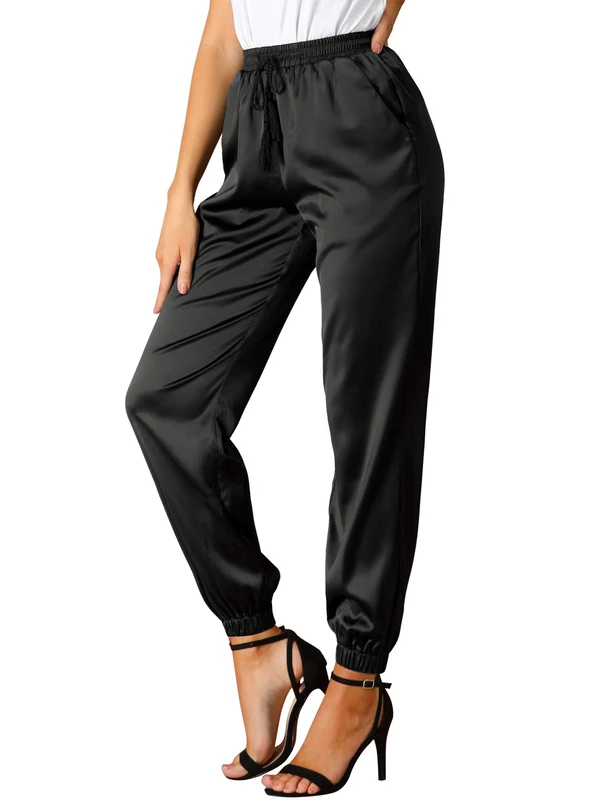 Allegra K Women's Drawstring Elastic Waist Pants 2024 Fashion Ankle Length Satin Joggers with Pocket, Black, S