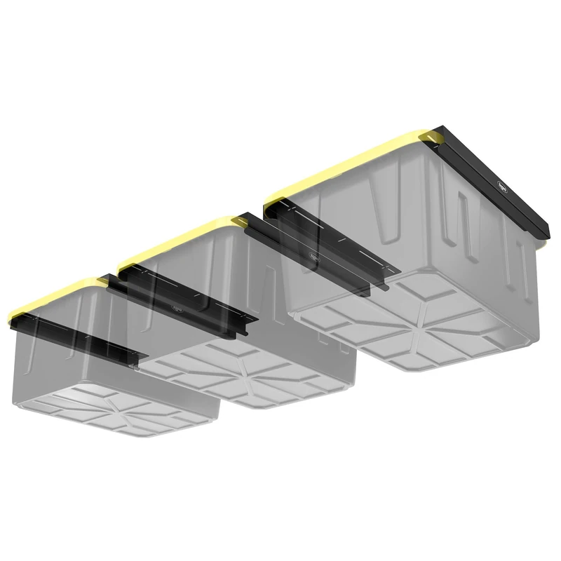 Koova Overhead Bin Rack for Three Bins | Overhead Garage Storage Rack to Mount on Ceiling with Adjustable Width | Supports Most Black and Yellow Storage Bins | 3 Sets