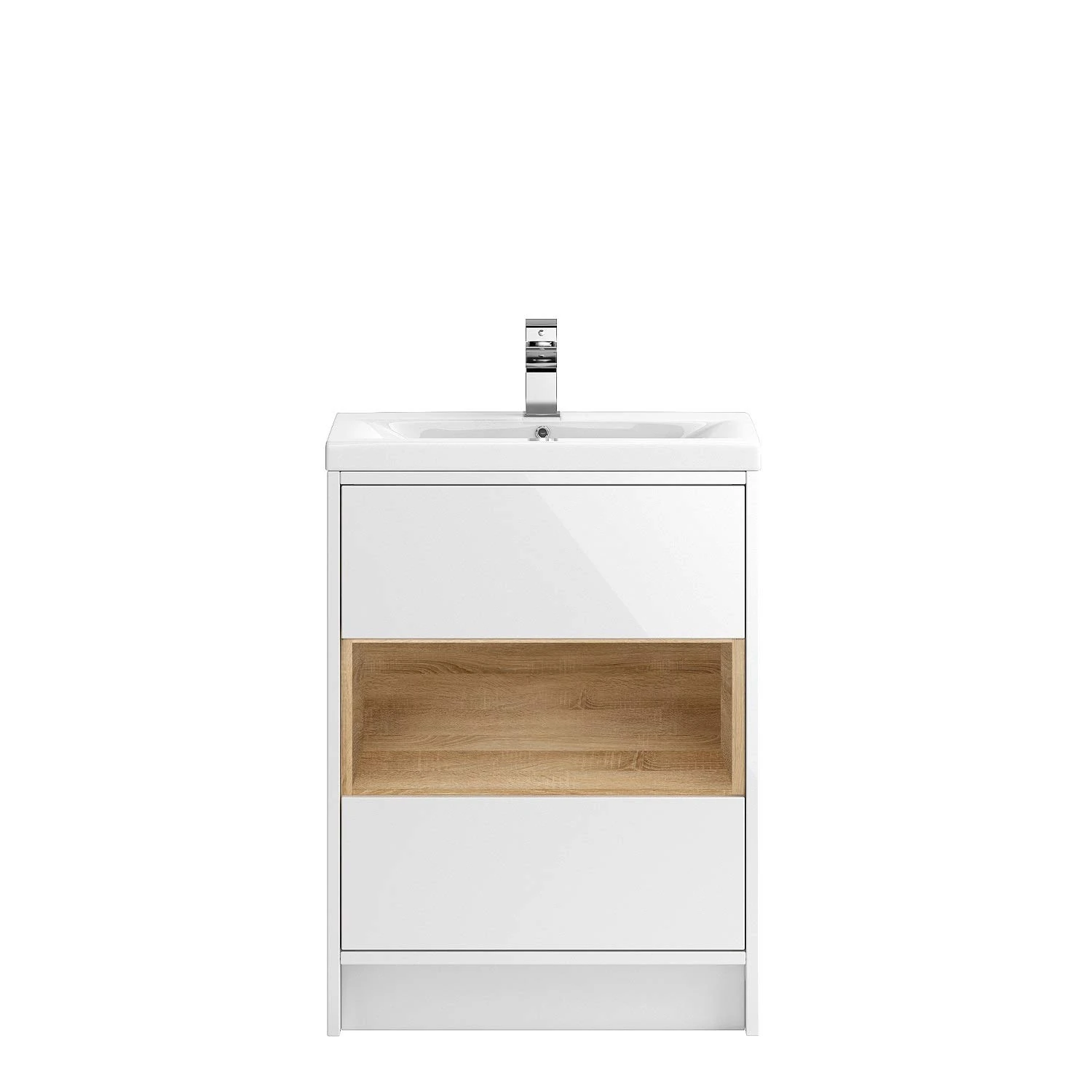 Hudson Reed CST976D Coast Modern Bathroom Floor Standing 2 Soft Close Drawer Vanity Basin Unit with Open Shelf and Ceramic 50mm Profile Sink, 600mm, Gloss White/Natural Oak